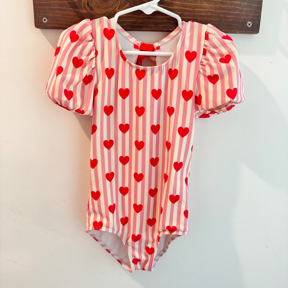 Mini Boden Girls Heart Stripe Swimsuit Pink Red Puff Sleeve Bow Back 5-6Y 116cm